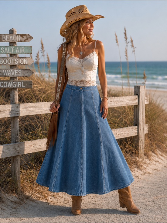 Cynthia Max Dresses & Skirts - Cynthia Max Denim Maxi Skirt Size 10 | Coastal Cowgirl Boho Western A-Line